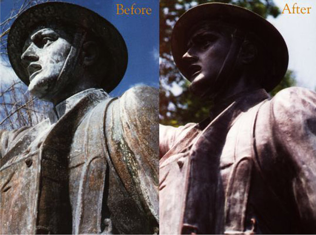 Dedicated to the troops of G. A. R. 1889, a 9 foot bronze soldier stands on top of a 27' outstanding sculpted granite base.